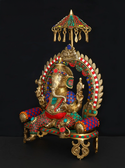 Brassaura™ Brass Ganesha Statue with Multi Stonework & Inlay Work | Height 17 Inches & Weight 8.09 kgs