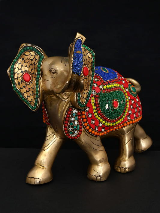 ब्रासुर® मीनाकारी जड़ाई का काम किया हुआ हाथी | पीतल की मूर्ति | ऊंचाई 10 इंच और वजन 6.75 किलोग्राम