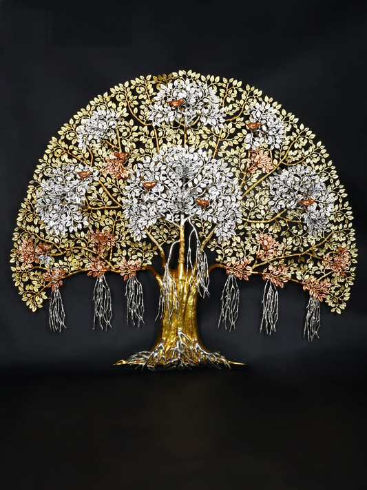 Brassaura® Brass Tree of Life Kalpvriksha Statue Dual-tone antique gold and silver finish | Height 55.91 Inches & Weight 52 kg