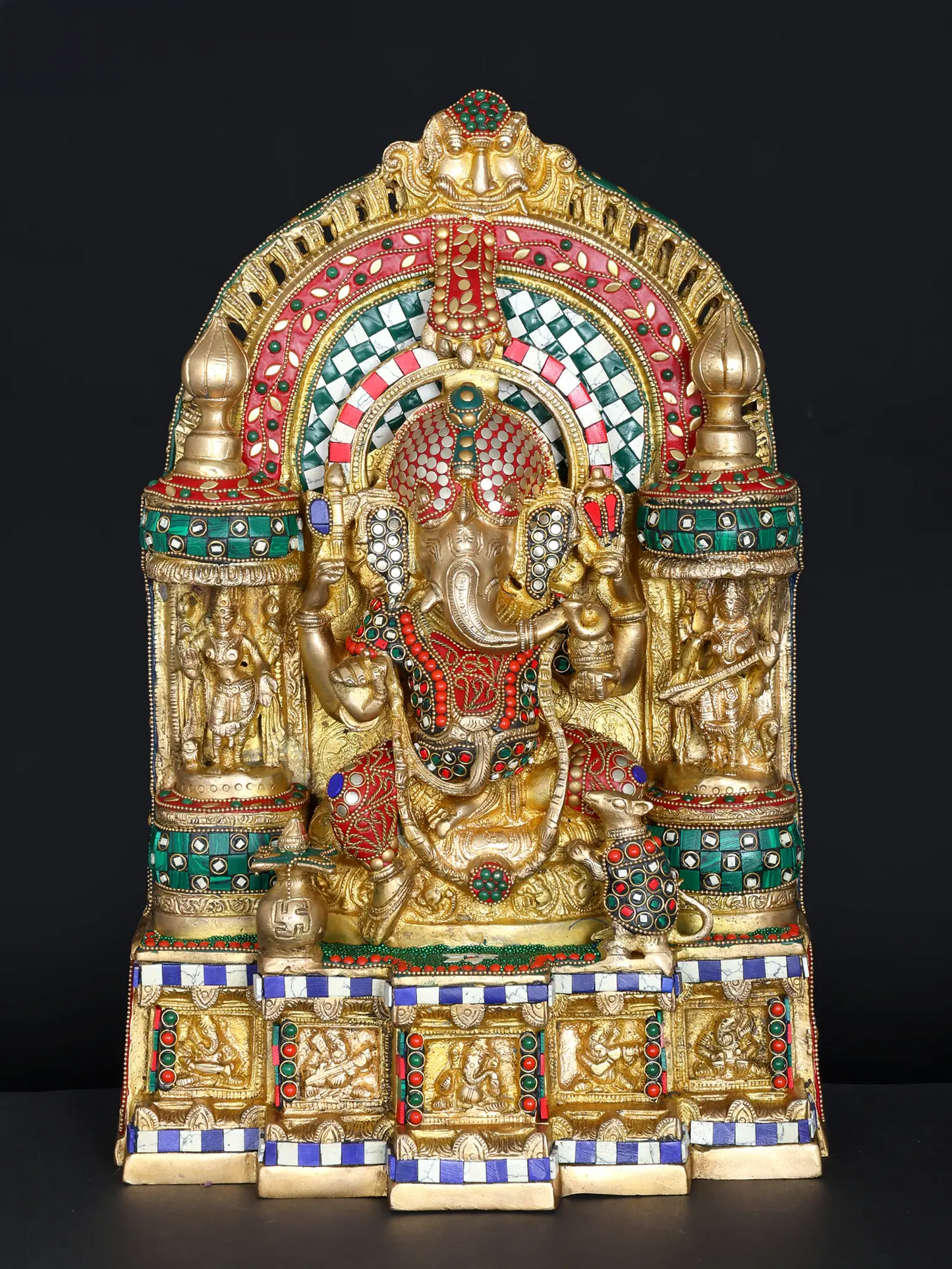 Brassaura™ Brass Ganesha Statue with Inlay Work | Height 18 Inches & Weight 19.29 kgs