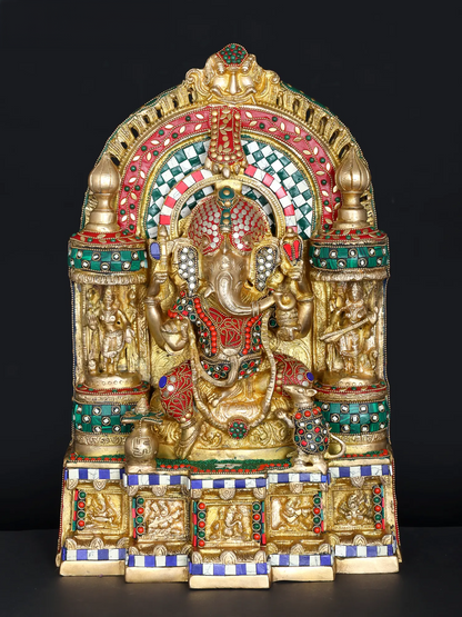 Brassaura™ Brass Ganesha Statue with Inlay Work | Height 18 Inches & Weight 19.29 kgs