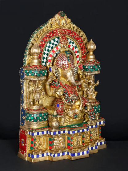 Brassaura™ Brass Ganesha Statue with Inlay Work | Height 18 Inches & Weight 19.29 kgs