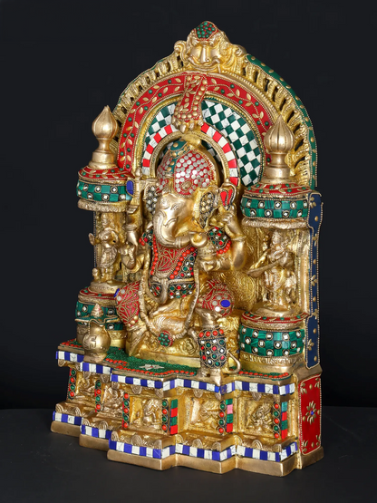 Brassaura™ Brass Ganesha Statue with Inlay Work | Height 18 Inches & Weight 19.29 kgs