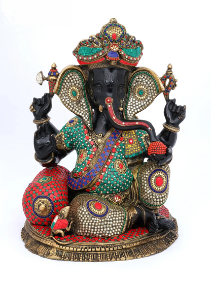 Brassaura™ Brass Ganesha Statue with Multi Stonework | Height 22 Inches & Weight 35.59 kgs