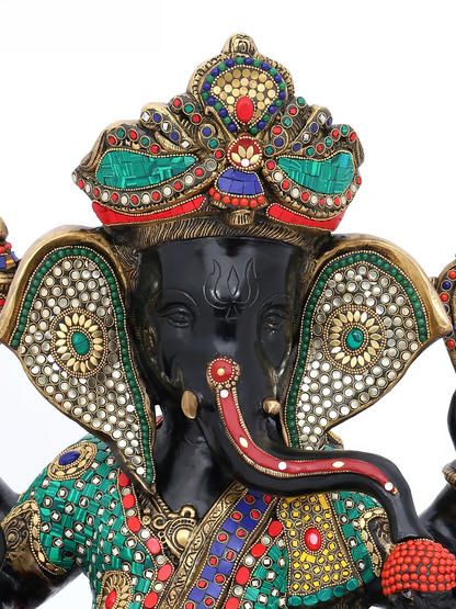 Brassaura™ Brass Ganesha Statue with Multi Stonework | Height 22 Inches & Weight 35.59 kgs