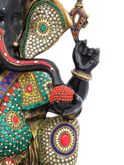 Brassaura™ Brass Ganesha Statue with Multi Stonework | Height 22 Inches & Weight 35.59 kgs
