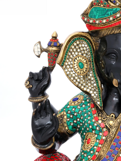 Brassaura™ Brass Ganesha Statue with Multi Stonework | Height 22 Inches & Weight 35.59 kgs