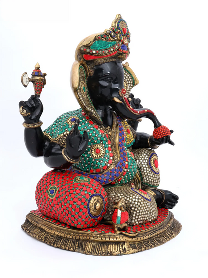 Brassaura™ Brass Ganesha Statue with Multi Stonework | Height 22 Inches & Weight 35.59 kgs