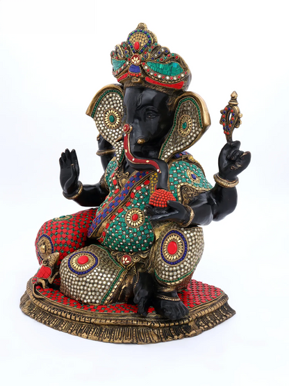 Brassaura™ Brass Ganesha Statue with Multi Stonework | Height 22 Inches & Weight 35.59 kgs