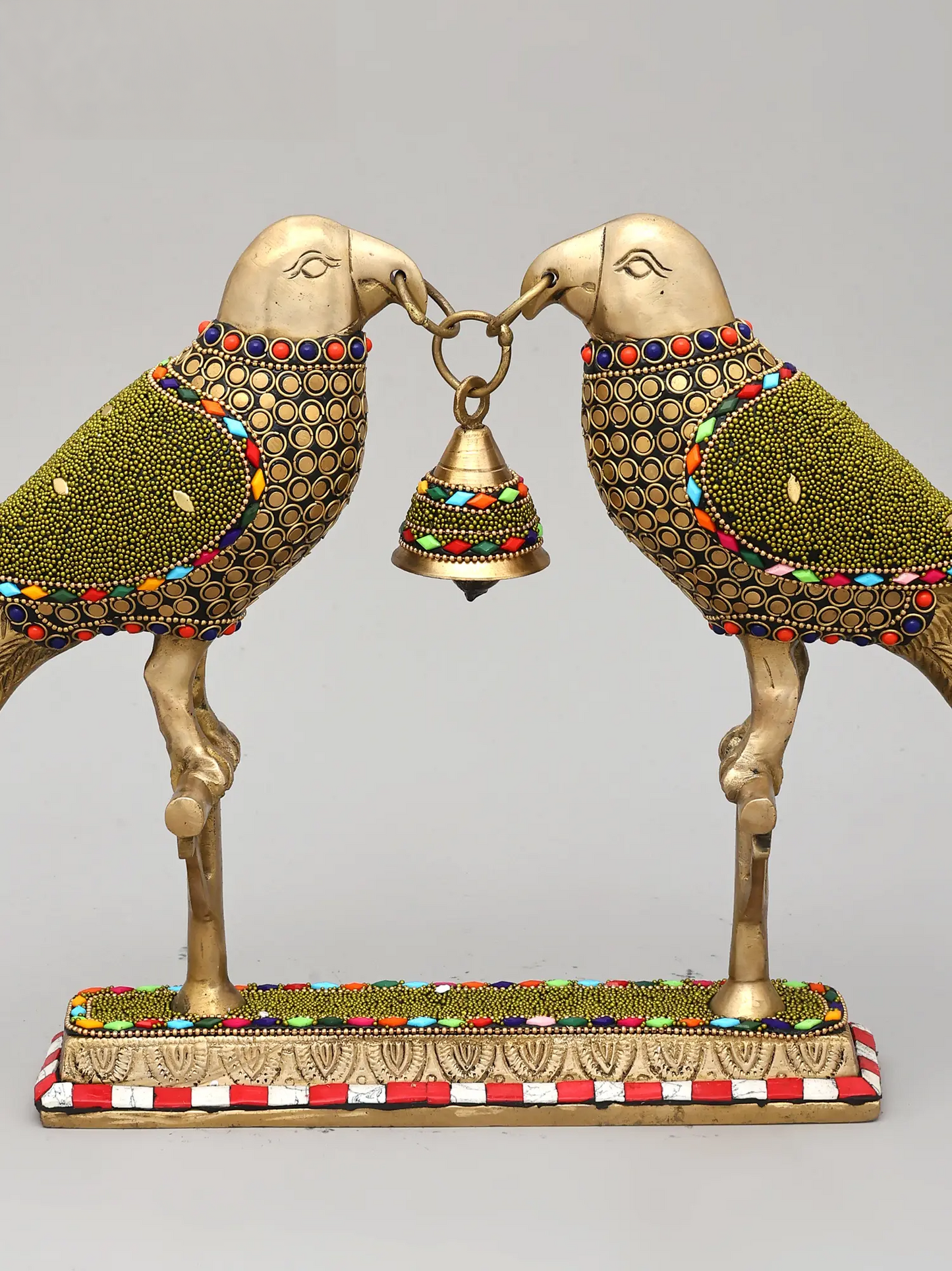 Brassaura® Brass Decorative Twin Parrots with Bell | Pure Brass with Stone Inlay Work | Height 6.5 Inches & Weight 3.04 kgs