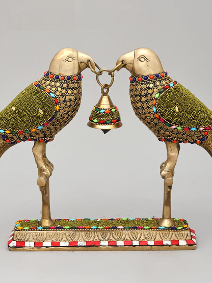 Brassaura® Brass Decorative Twin Parrots with Bell | Pure Brass with Stone Inlay Work | Height 6.5 Inches & Weight 3.04 kgs