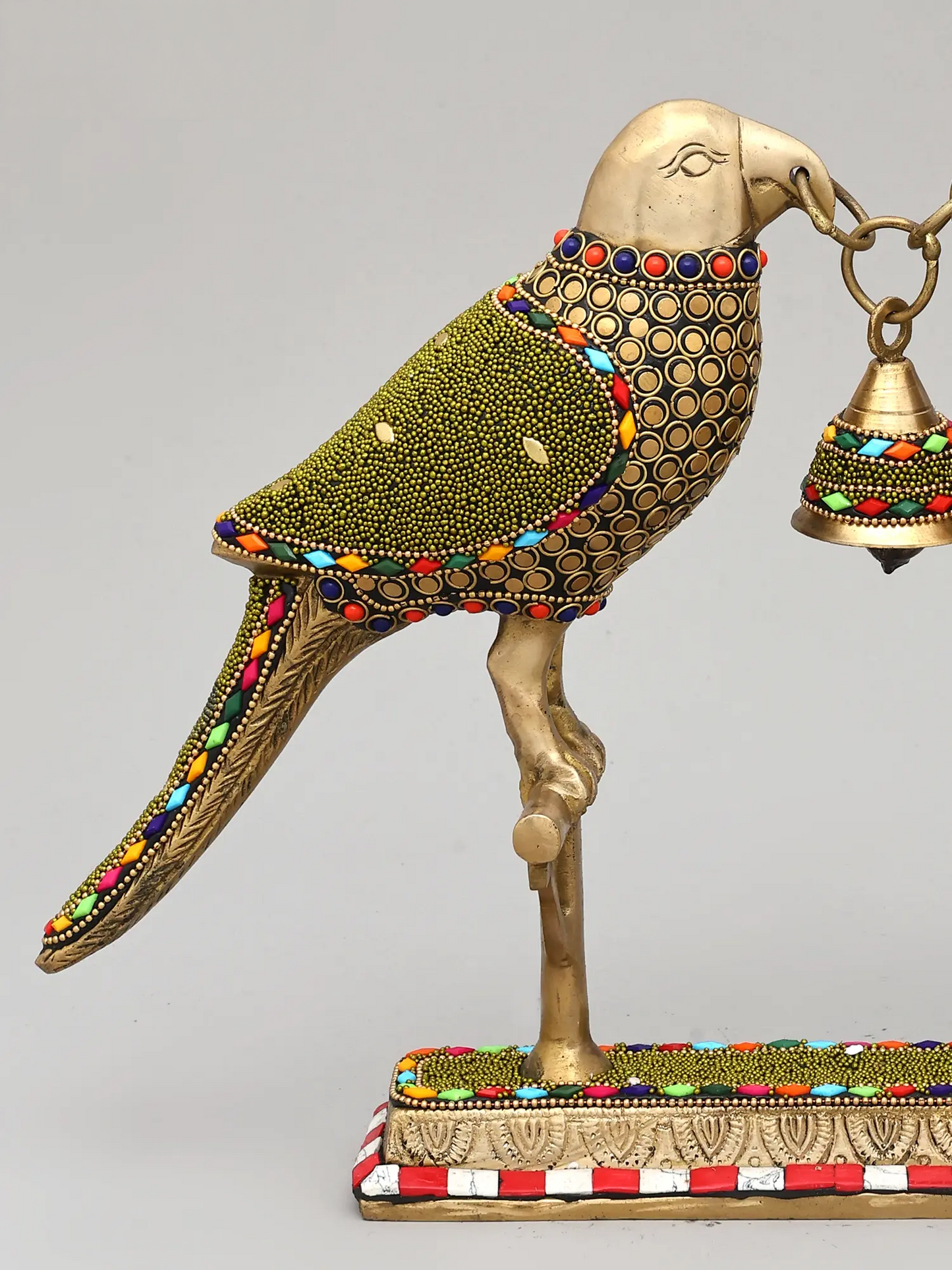 Brassaura® Brass Decorative Twin Parrots with Bell | Pure Brass with Stone Inlay Work | Height 6.5 Inches & Weight 3.04 kgs