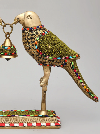 Brassaura® Brass Decorative Twin Parrots with Bell | Pure Brass with Stone Inlay Work | Height 6.5 Inches & Weight 3.04 kgs