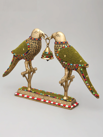 Brassaura® Brass Decorative Twin Parrots with Bell | Pure Brass with Stone Inlay Work | Height 6.5 Inches & Weight 3.04 kgs