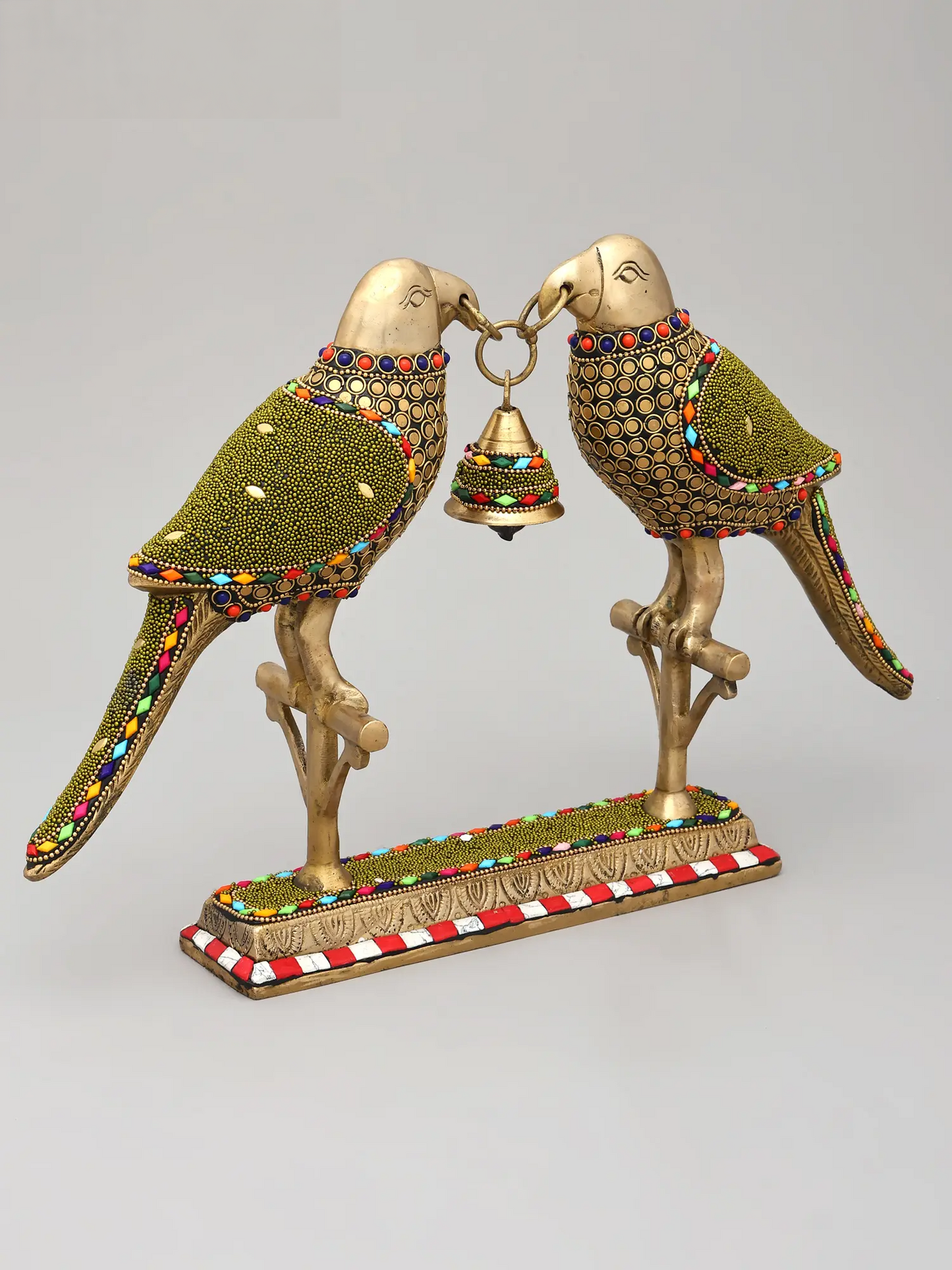 Brassaura® Brass Decorative Twin Parrots with Bell | Pure Brass with Stone Inlay Work | Height 6.5 Inches & Weight 3.04 kgs