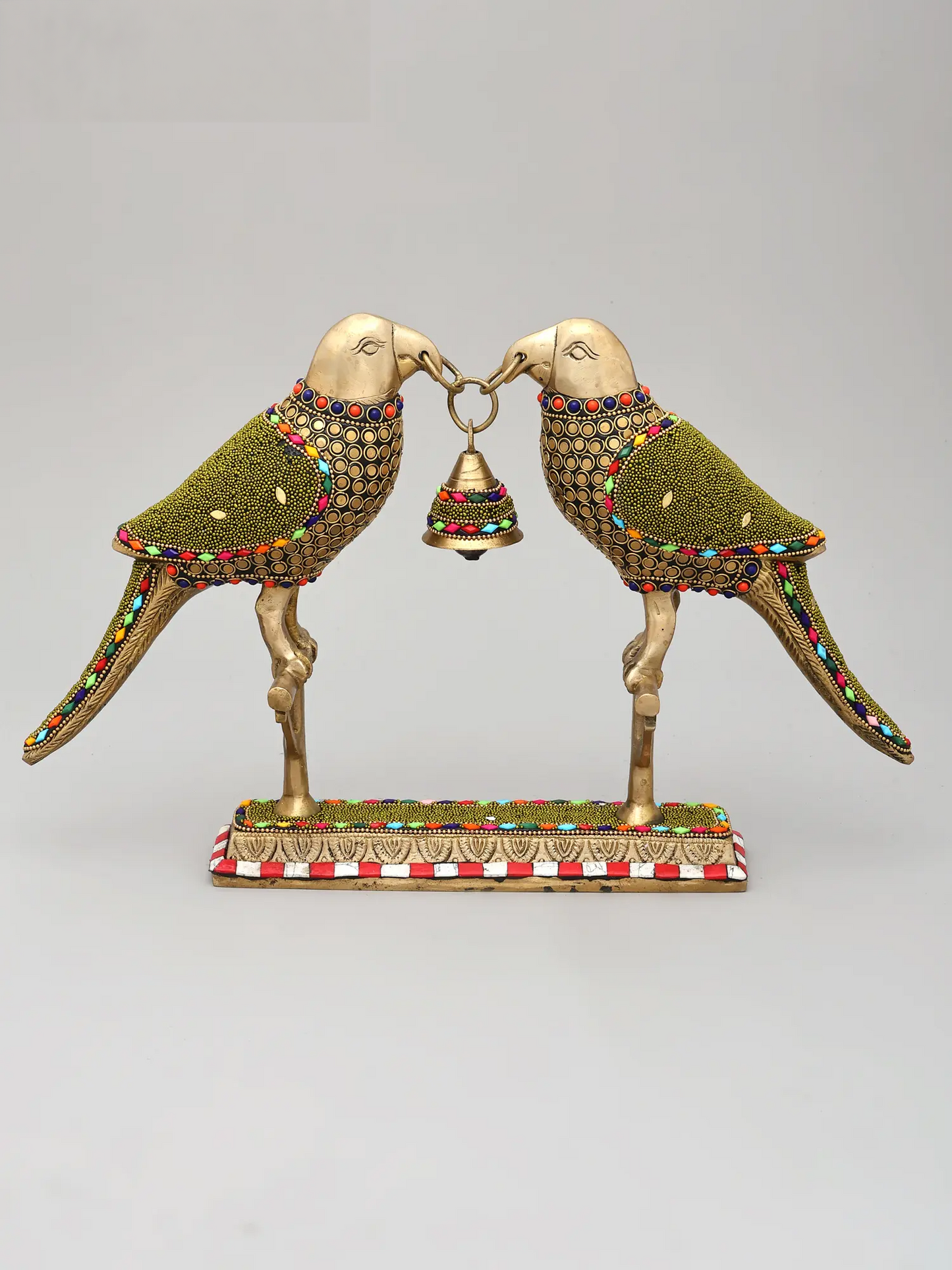 Brassaura® Brass Decorative Twin Parrots with Bell | Pure Brass with Stone Inlay Work | Height 6.5 Inches & Weight 3.04 kgs