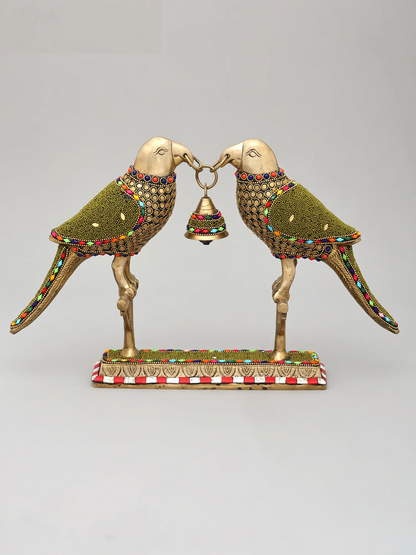 Brassaura® Brass Decorative Twin Parrots with Bell | Pure Brass with Stone Inlay Work | Height 6.5 Inches & Weight 3.04 kgs