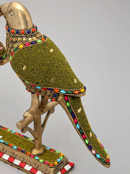 Brassaura® Brass Decorative Twin Parrots with Bell | Pure Brass with Stone Inlay Work | Height 6.5 Inches & Weight 3.04 kgs
