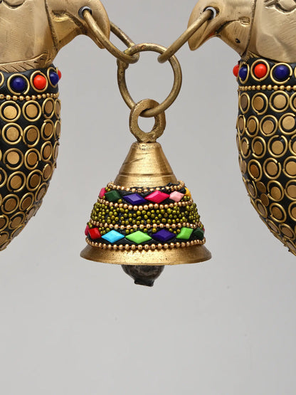 Brassaura® Brass Decorative Twin Parrots with Bell | Pure Brass with Stone Inlay Work | Height 6.5 Inches & Weight 3.04 kgs