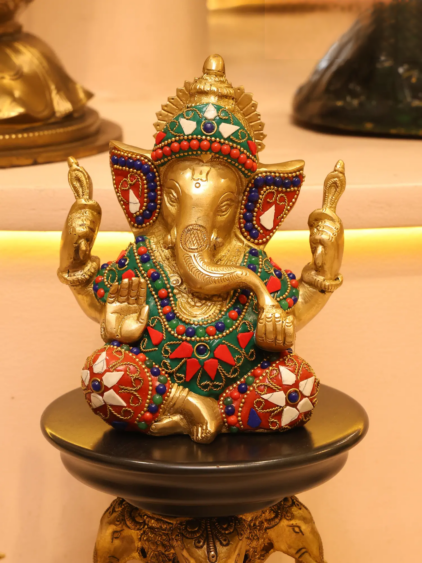Brassaura™ Brass Ganesha Statue with Inlay Work | Height 6 Inches & Weight 1.63 kgs