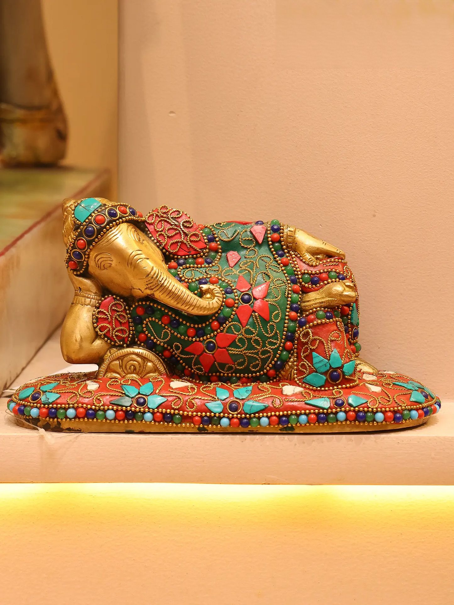 Brassaura™ Brass Ganesha Statue with Inlay Work | Height 4 Inches & Weight 1.64 kgs