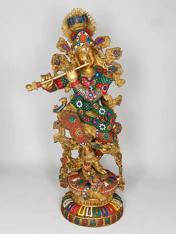 Brassaura® Grand Brass Krishna Statue with Inlay Work | Height 110.5 cm | 80.98 kg
