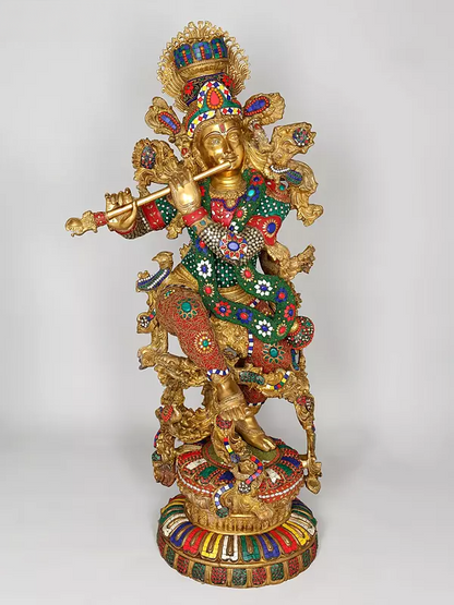 Brassaura® Grand Brass Krishna Statue with Inlay Work | Height 110.5 cm | 80.98 kg
