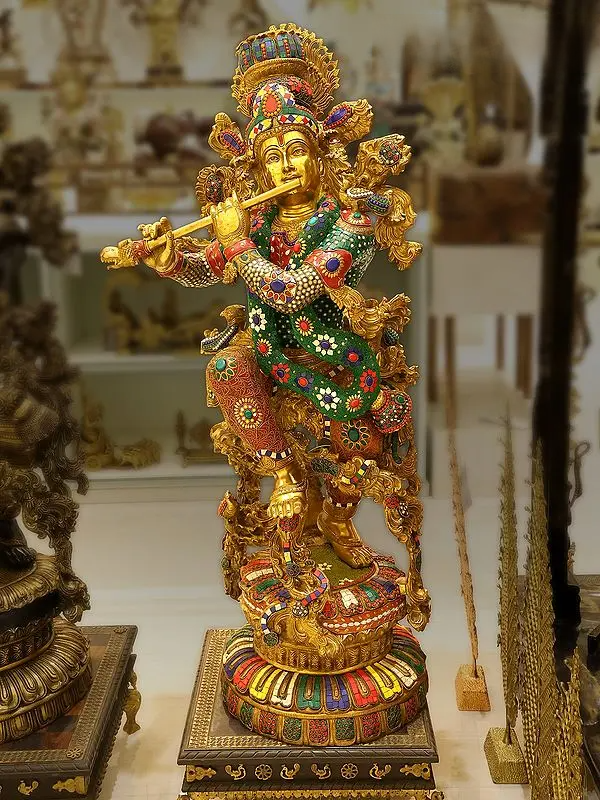 Brassaura® Grand Brass Krishna Statue with Inlay Work | Height 110.5 cm | 80.98 kg