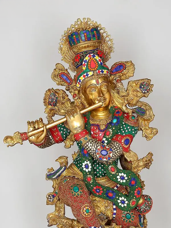 Brassaura® Grand Brass Krishna Statue with Inlay Work | Height 110.5 cm | 80.98 kg