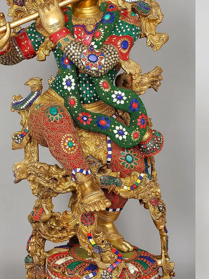 Brassaura® Grand Brass Krishna Statue with Inlay Work | Height 110.5 cm | 80.98 kg