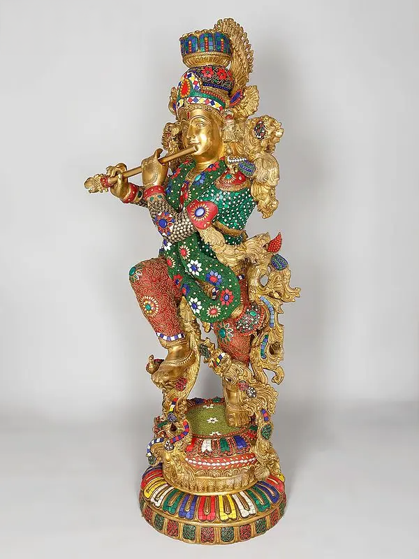 Brassaura® Grand Brass Krishna Statue with Inlay Work | Height 110.5 cm | 80.98 kg