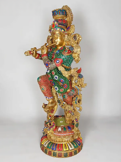Brassaura® Grand Brass Krishna Statue with Inlay Work | Height 110.5 cm | 80.98 kg