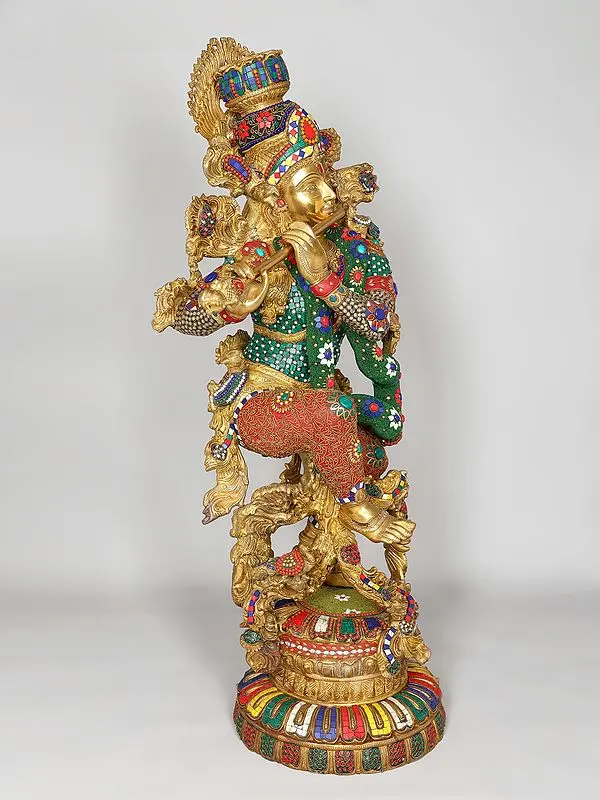 Brassaura® Grand Brass Krishna Statue with Inlay Work | Height 110.5 cm | 80.98 kg