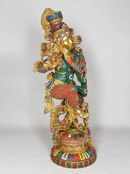 Brassaura® Grand Brass Krishna Statue with Inlay Work | Height 110.5 cm | 80.98 kg