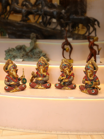 Brassaura™ Brass Ganesha Statue with Inlay Work | Height 12 Inches & Weight 32.13 kgs