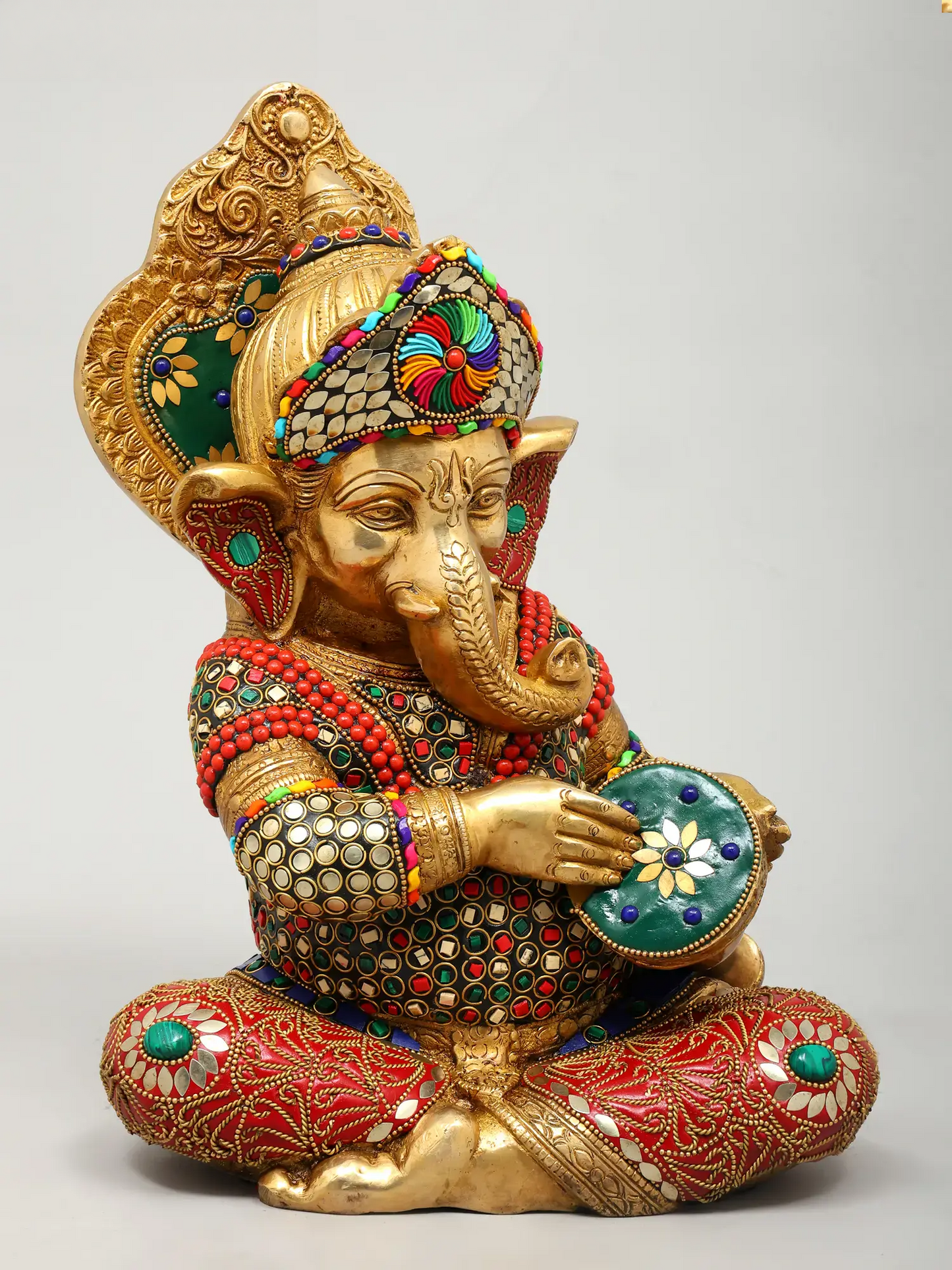 Brassaura™ Brass Ganesha Statue with Inlay Work | Height 12 Inches & Weight 32.13 kgs