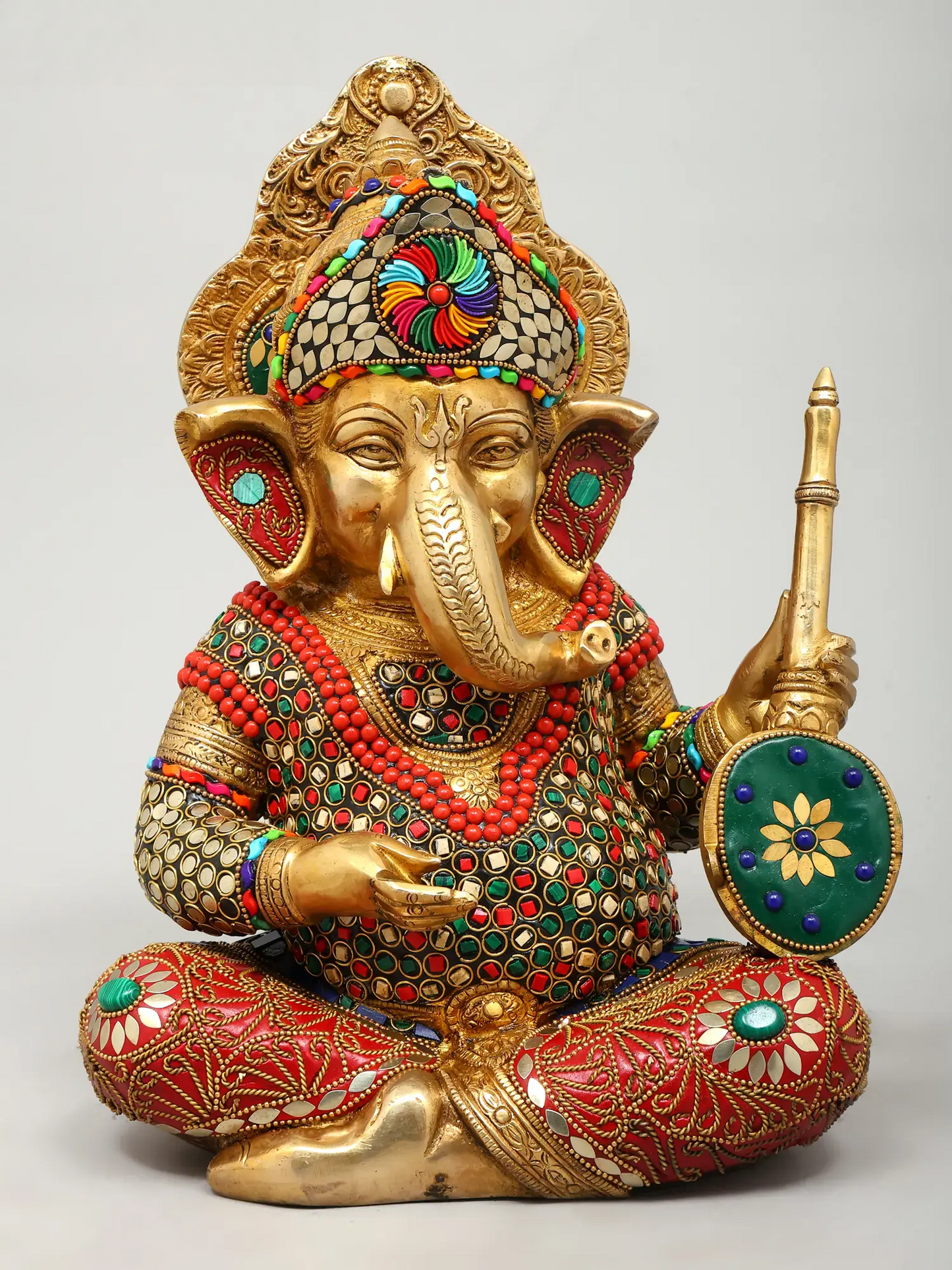 Brassaura™ Brass Ganesha Statue with Inlay Work | Height 12 Inches & Weight 32.13 kgs