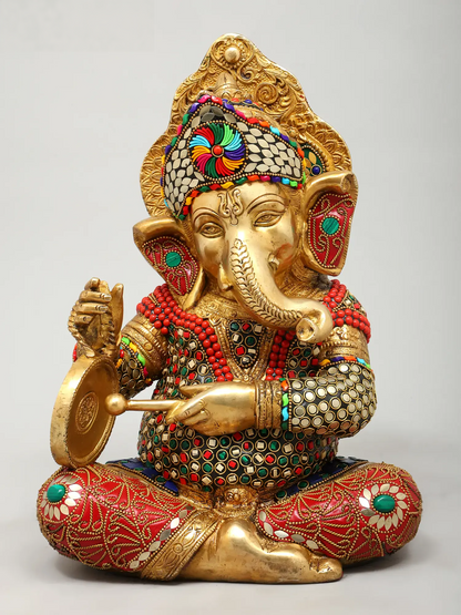 Brassaura™ Brass Ganesha Statue with Inlay Work | Height 12 Inches & Weight 32.13 kgs