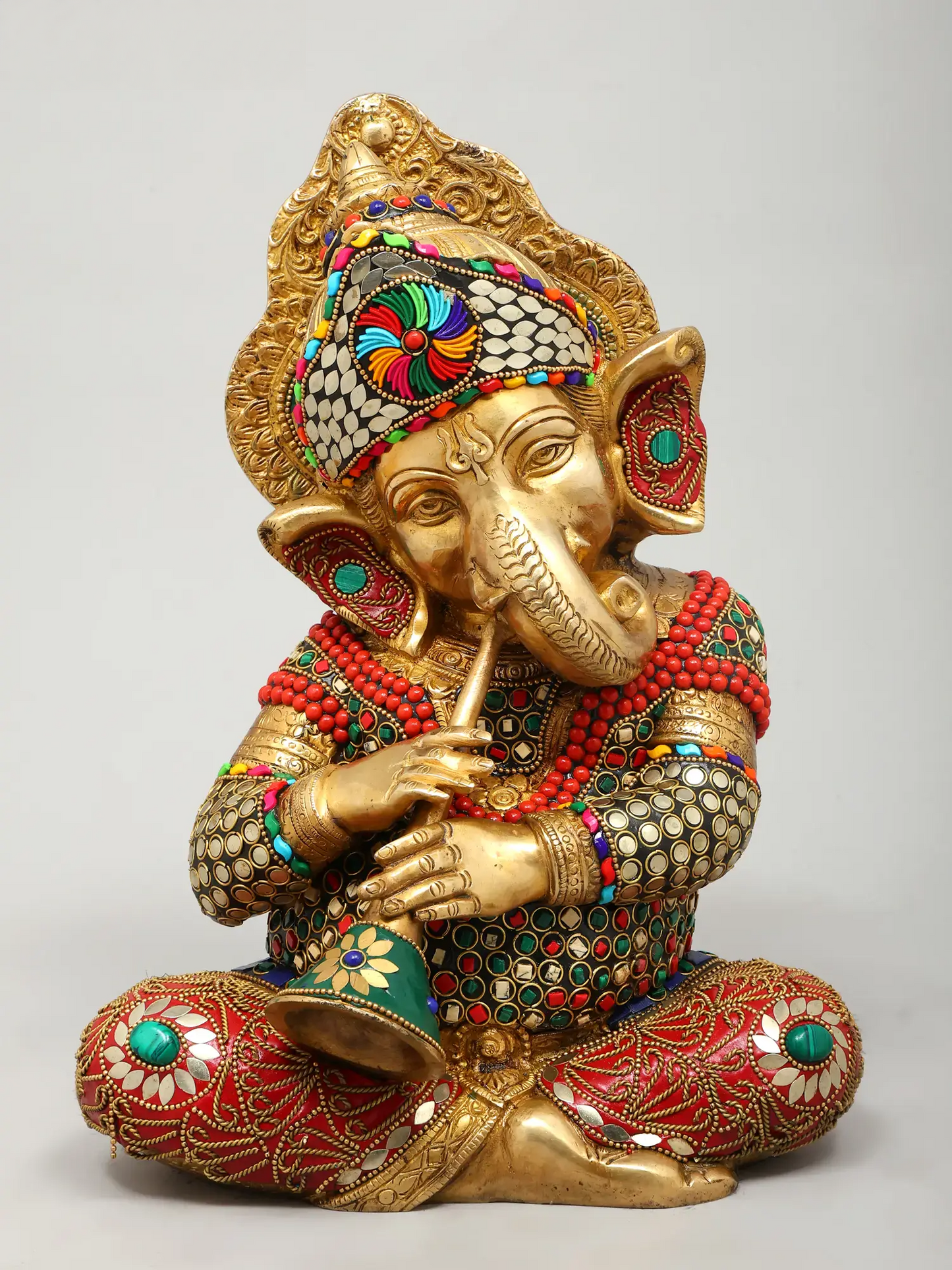 Brassaura™ Brass Ganesha Statue with Inlay Work | Height 12 Inches & Weight 32.13 kgs