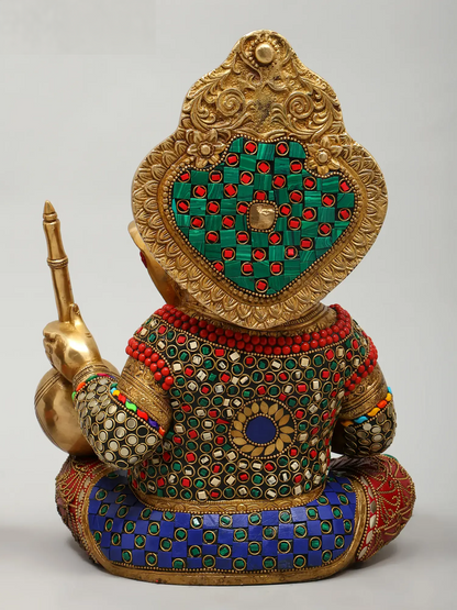 Brassaura™ Brass Ganesha Statue with Inlay Work | Height 12 Inches & Weight 32.13 kgs