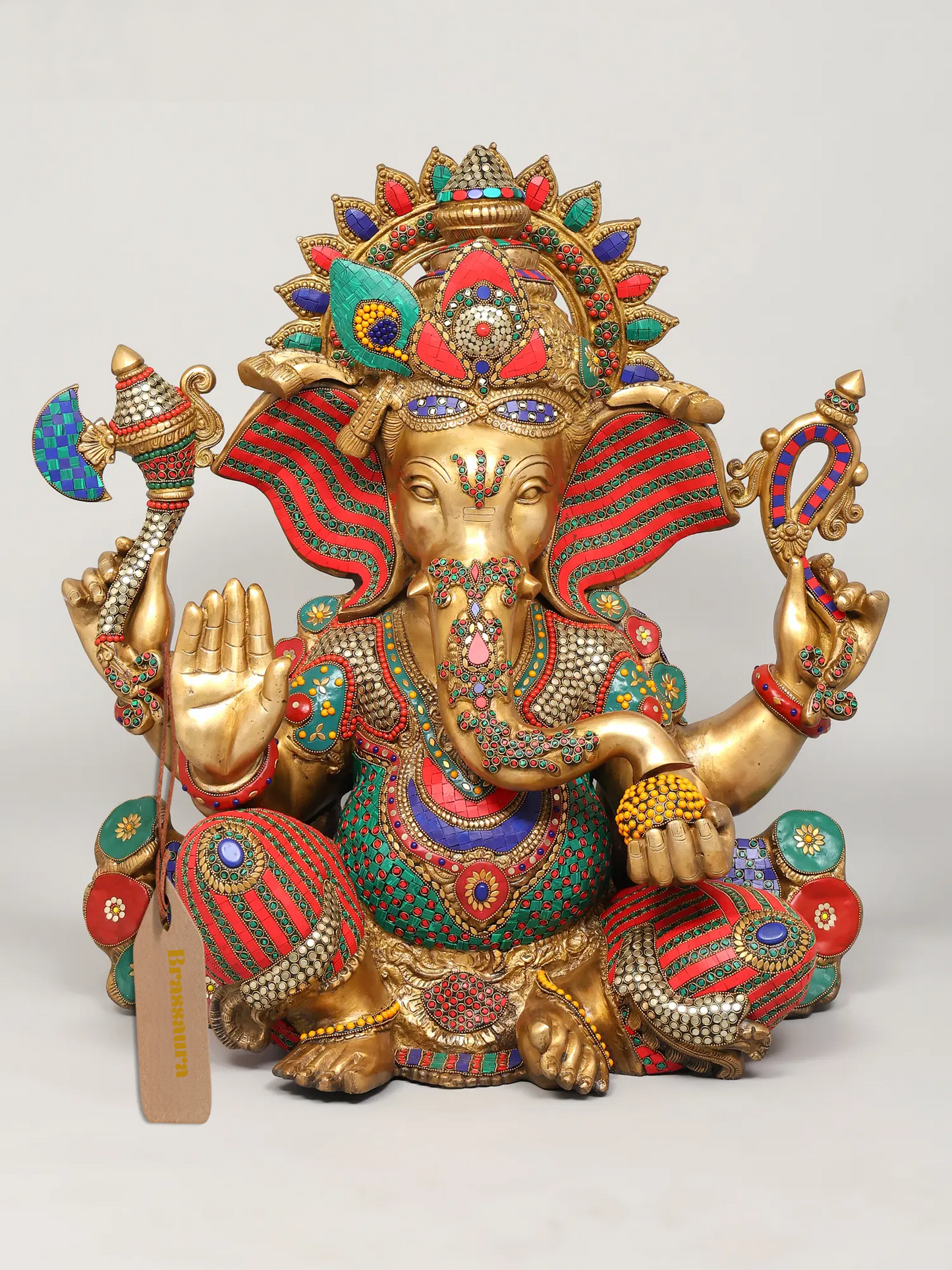 Brassaura™ Brass Ganesha Statue with Inlay Work | Height 26 Inches & Weight 53.98 kgs