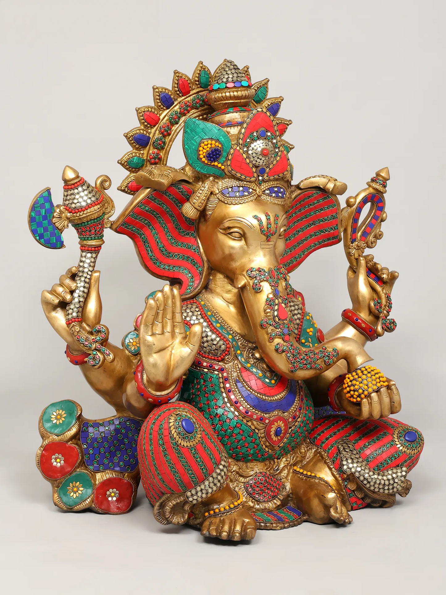 Brassaura™ Brass Ganesha Statue with Inlay Work | Height 26 Inches & Weight 53.98 kgs