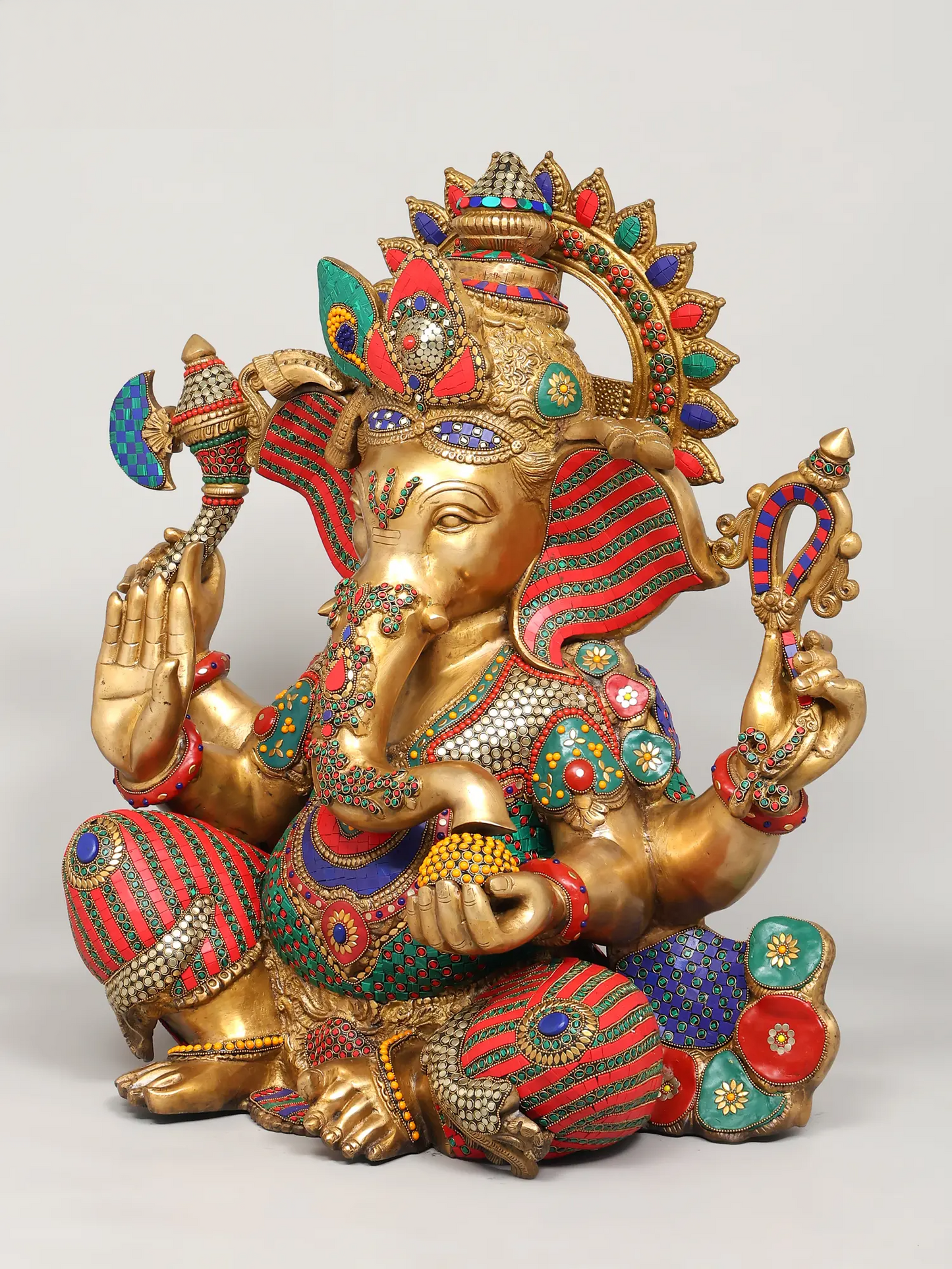 Brassaura™ Brass Ganesha Statue with Inlay Work | Height 26 Inches & Weight 53.98 kgs