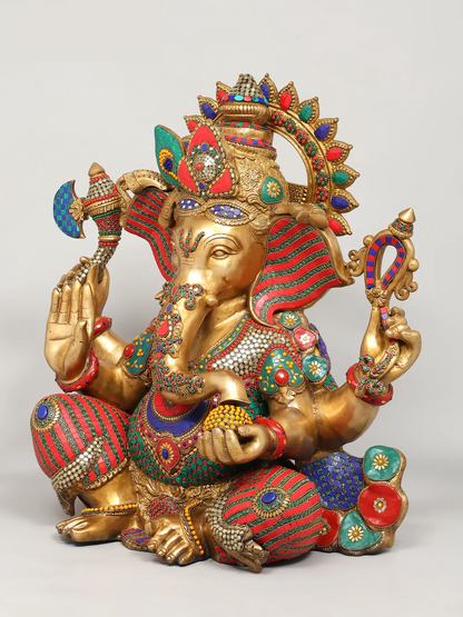 Brassaura™ Brass Ganesha Statue with Inlay Work | Height 26 Inches & Weight 53.98 kgs