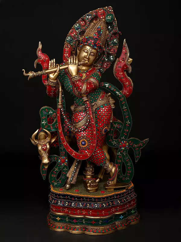 Brassaura® Brass Cow Krishna Statue | Height 34.5 Inches & Weight 40.66 kg