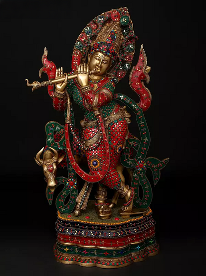 Brassaura® Brass Cow Krishna Statue | Height 34.5 Inches & Weight 40.66 kg