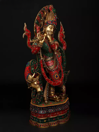 Brassaura® Brass Cow Krishna Statue | Height 34.5 Inches & Weight 40.66 kg