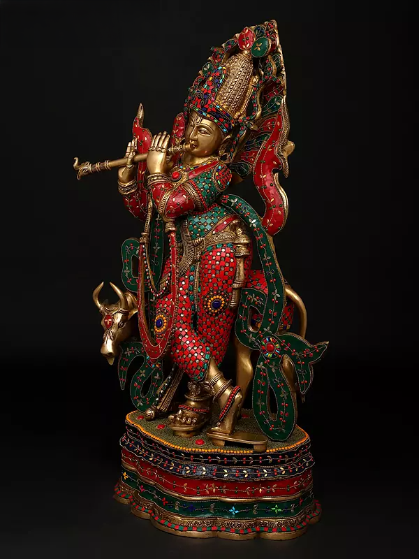 Brassaura® Brass Cow Krishna Statue | Height 34.5 Inches & Weight 40.66 kg