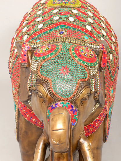 ब्रासाउरा® मीनाकारी जड़ाऊ काम के साथ रॉयल ब्रास हाथी | ऊंचाई 30.5 इंच और वज़न 87.85 किलोग्राम