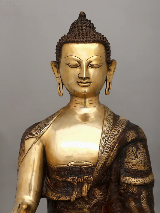 Brassaura® एंटीक फ़िनिश ध्यानस्थ बुद्ध प्रतिमा | पीतल की मूर्ति | ऊंचाई 33 इंच और वज़न 51.40 किग्रा